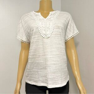 Cable & Gauge Womens White Crochet Lace Bib Short Sleeve Boho Top CSTP07233M M
